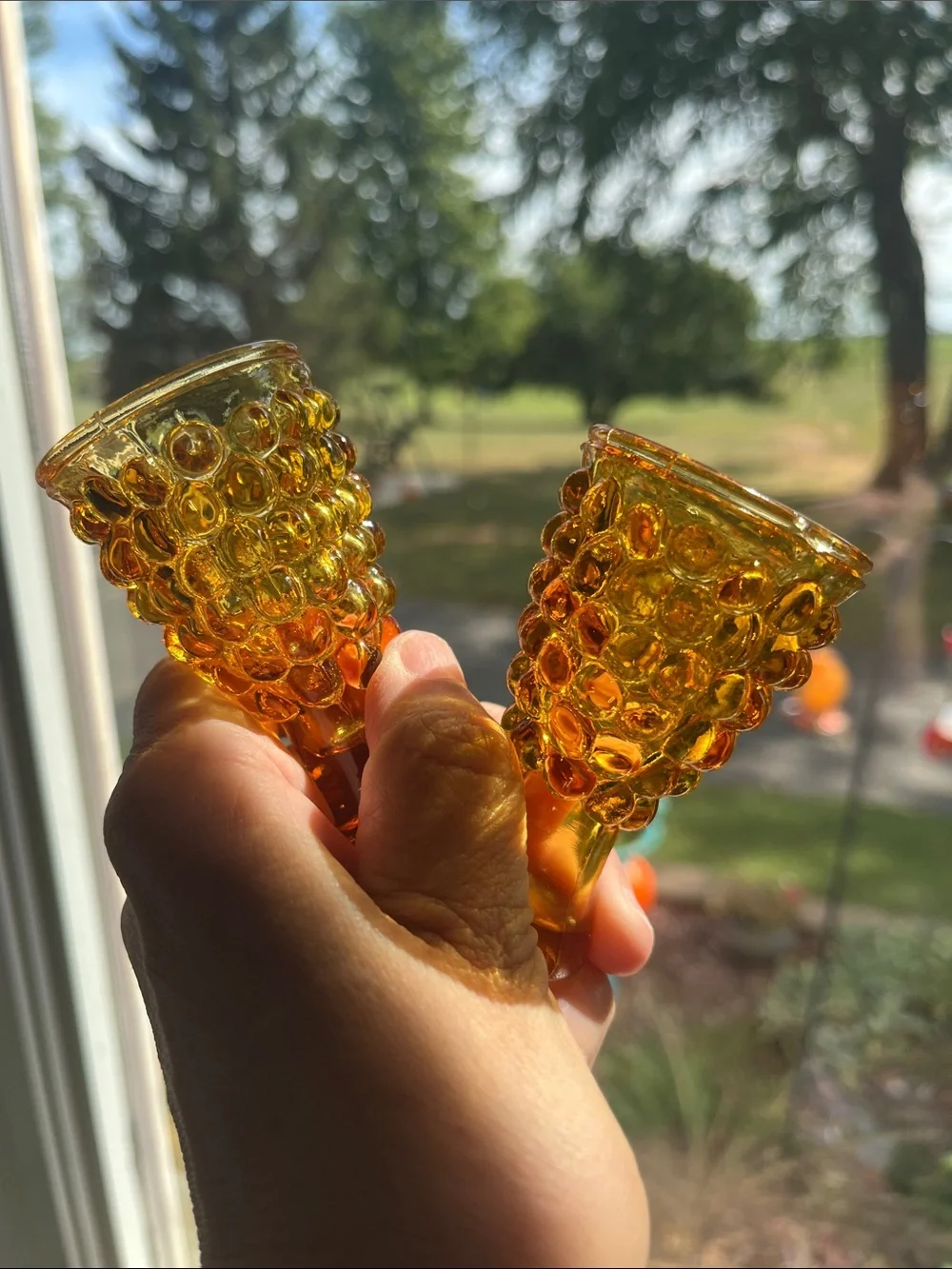 Pair Vtg Amber Glass Hobnail Shot Or Cordial Glasses MCM Bar Taiwan *READ*